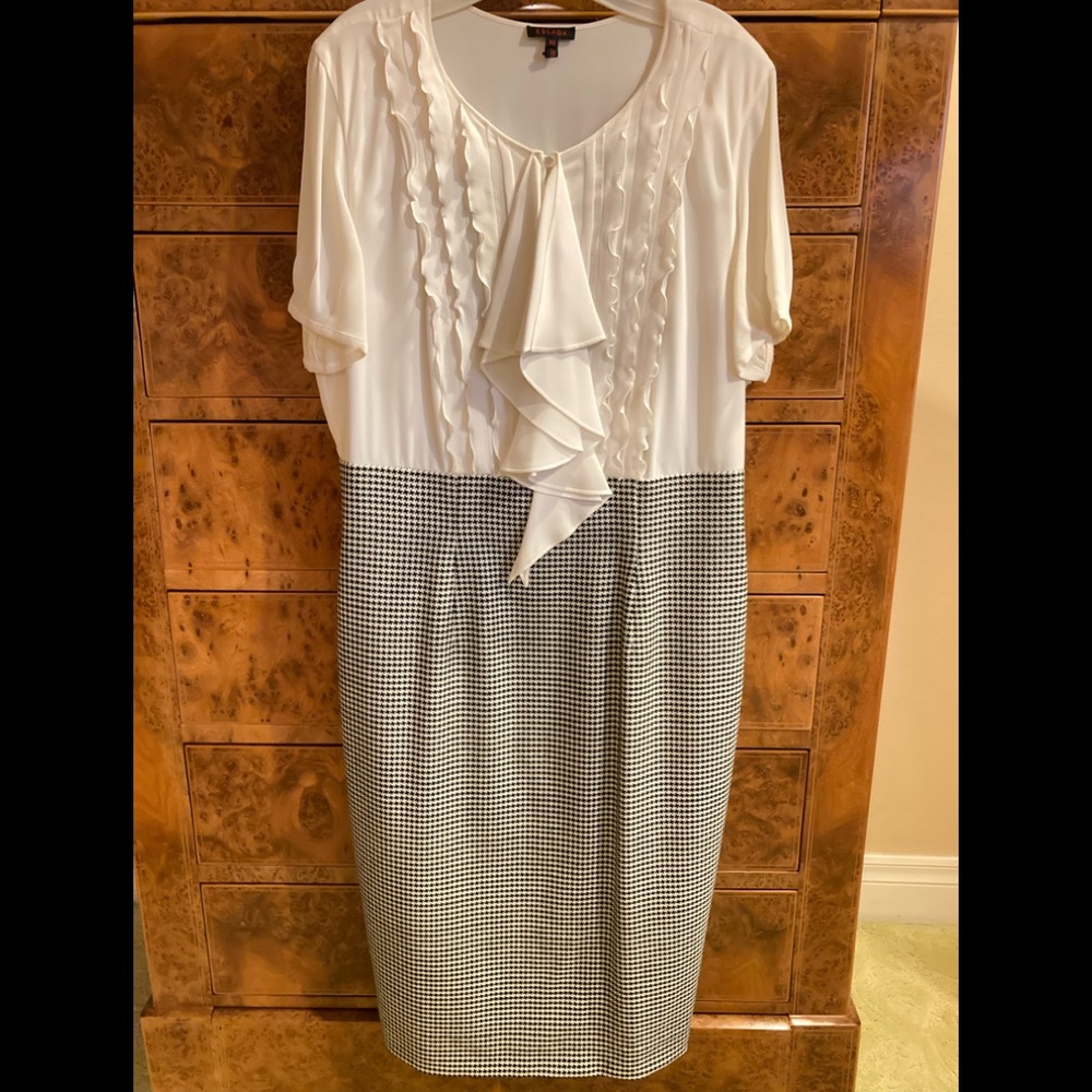 Escada Dress with White Ruffled Top / Herringbone Black & White Bottom Size 42
